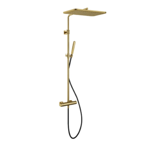 Hotbath Gal SDSGL9 opbouw regendoucheset met staafhanddouche en 27x40cm rechthoekige hoofddouche aan glijstang geborsteld messing PVD - Loodgieter in hengelo