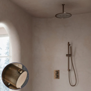Saniclear Antique Curved inbouw regendouche met 20cm hoofddouche, plafondarm en glijstang verouderd messing - Loodgieter in hengelo