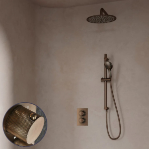Saniclear Antique Curved inbouw regendouche met 30cm hoofddouche, muurarm, 2 standen handdouche en glijstang verouderd messing - Loodgieter in hengelo