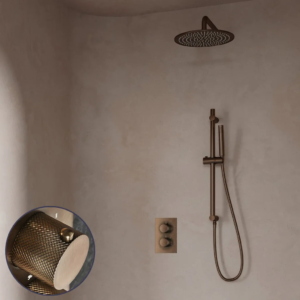 Saniclear Antique Curved inbouw regendouche met 30cm hoofddouche, muurarm en glijstang verouderd messing - Loodgieter in hengelo