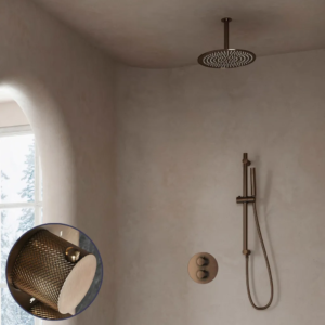 Saniclear Antique Curved inbouw regendouche rond met 20cm hoofddouche, plafondarm en glijstang verouderd messing - Loodgieter in hengelo