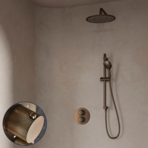 Saniclear Antique Curved inbouw regendouche rond met 20cm hoofddouche, muurarm, 2 standen handdouche en glijstang verouderd messing - Loodgieter in hengelo