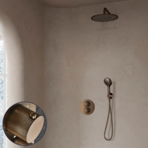 Saniclear Antique Curved inbouw regendouche rond met 30cm hoofddouche, muurarm en 2 standen handdouche verouderd messing - Loodgieter in hengelo