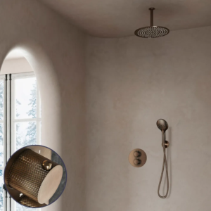 Saniclear Antique Curved inbouw regendouche rond met 30cm hoofddouche, plafondarm en 2 standen handdouche verouderd messing - Loodgieter in hengelo