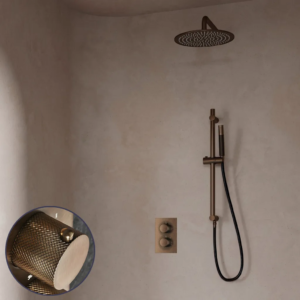 Saniclear Antique Curved Pro inbouw regendouche met 30cm hoofddouche, muurarm en glijstang verouderd messing - Loodgieter in hengelo