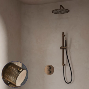 Saniclear Antique Curved Pro inbouw regendouche rond met 30cm hoofddouche, muurarm en glijstang verouderd messing - Loodgieter in hengelo