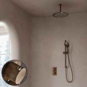 Saniclear Antique Stripes inbouw regendouche met 30cm hoofddouche, plafondarm, 2 standen handdouche en glijstang verouderd messing - Loodgieter in hengelo