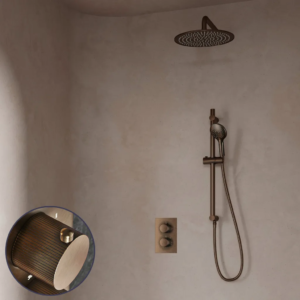 Saniclear Antique Stripes inbouw regendouche met 30cm hoofddouche, muurarm, 2 standen handdouche en glijstang verouderd messing - Loodgieter in hengelo
