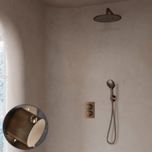 Saniclear Antique Stripes inbouw regendouche met 30cm hoofddouche, muurarm en 2 standen handdouche verouderd messing - Loodgieter in hengelo