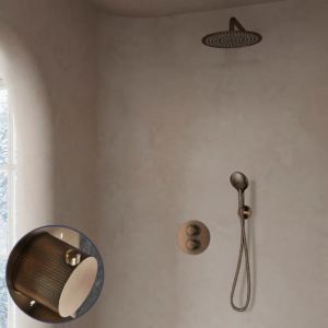 Saniclear Antique Stripes inbouw regendouche rond met 20cm hoofddouche, muurarm en 2 standen handdouche verouderd messing - Loodgieter in hengelo