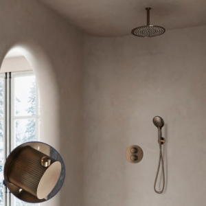 Saniclear Antique Stripes inbouw regendouche rond met 20cm hoofddouche, plafondarm en 2 standen handdouche verouderd messing - Loodgieter in hengelo