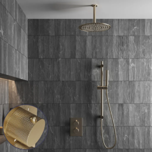 Saniclear Brass Curved inbouw regendouche met 20cm hoofddouche, plafondarm en glijstang geborsteld messing - mat goud - Loodgieter in hengelo