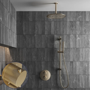 Saniclear Brass Curved inbouw regendouche rond met 20cm hoofddouche, plafondarm en glijstang geborsteld messing - mat goud - Loodgieter in hengelo