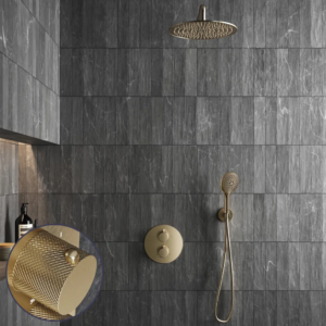 Saniclear Brass Curved inbouw regendouche rond met 20cm hoofddouche, muurarm en 2 standen handdouche geborsteld messing - mat goud - Loodgieter in hengelo