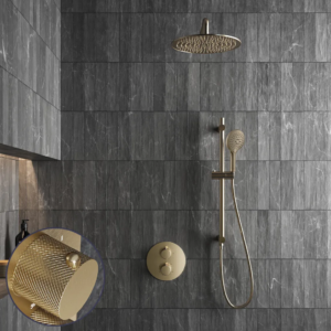Saniclear Brass Curved inbouw regendouche rond met 30cm hoofddouche, muurarm, 2 standen handdouche en glijstang geborsteld messing - mat goud - Loodgieter in hengelo