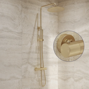 Saniclear Brass Curved opbouw regendouche geborsteld messing / mat goud met 30cm hoofddouche - Loodgieter in hengelo