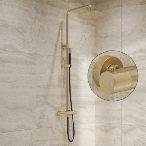 Saniclear Brass Curved Pro opbouw regendouche geborsteld messing / mat goud met 30cm hoofddouche - Loodgieter in hengelo