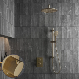 Saniclear Brass Stripes inbouw regendouche met 20cm hoofddouche, muurarm, 2 standen handdouche en glijstang geborsteld messing - mat goud - Loodgieter in hengelo