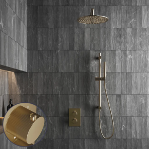 Saniclear Brass Stripes inbouw regendouche met 30cm hoofddouche, muurarm en glijstang geborsteld messing - mat goud - Loodgieter in hengelo