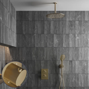 Saniclear Brass Stripes inbouw regendouche met 30cm hoofddouche, plafondarm en 2 standen handdouche geborsteld messing - mat goud - Loodgieter in hengelo