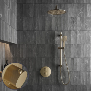 Saniclear Brass Stripes inbouw regendouche rond met 20cm hoofddouche, muurarm, 2 standen handdouche en glijstang geborsteld messing - mat goud - Loodgieter in hengelo