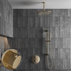 Saniclear Brass Stripes inbouw regendouche rond met 20cm hoofddouche, plafondarm en glijstang geborsteld messing - mat goud - Loodgieter in hengelo