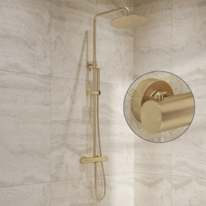 Saniclear Brass Stripes opbouw regendouche geborsteld messing / mat goud met 20cm hoofddouche - Loodgieter in hengelo
