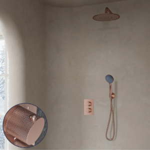Saniclear Copper Curved inbouw regendouche met 20cm hoofddouche, muurarm en 3 standen handdouche geborsteld koper - Loodgieter in hengelo