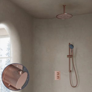 Saniclear Copper Curved inbouw regendouche met 20cm hoofddouche, plafondarm, 3 standen handdouche en glijstang geborsteld koper - Loodgieter in hengelo