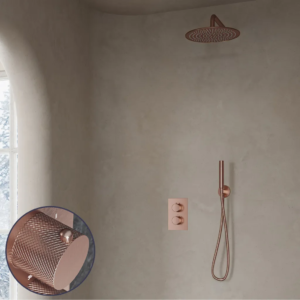 Saniclear Copper Curved inbouw regendouche met 30cm hoofddouche en muurarm geborsteld koper - Loodgieter in hengelo