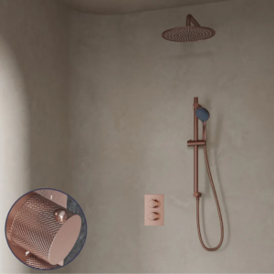 Saniclear Copper Curved inbouw regendouche met 30cm hoofddouche, muurarm, 3 standen handdouche en glijstang geborsteld koper - Loodgieter in hengelo