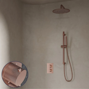 Saniclear Copper Curved inbouw regendouche met 30cm hoofddouche, muurarm en glijstang geborsteld koper - Loodgieter in hengelo