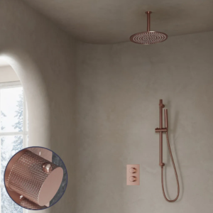 Saniclear Copper Curved inbouw regendouche met 30cm hoofddouche, plafondarm en glijstang geborsteld koper - Loodgieter in hengelo