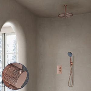 Saniclear Copper Curved inbouw regendouche met 30cm hoofddouche, plafondarm en 3 standen handdouche geborsteld koper - Loodgieter in hengelo