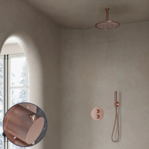 Saniclear Copper Curved inbouw regendouche rond met 20cm hoofddouche en plafondarm geborsteld koper - Loodgieter in hengelo