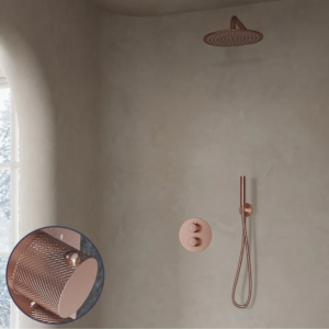 Saniclear Copper Curved inbouw regendouche rond met 20cm hoofddouche en muurarm geborsteld koper - Loodgieter in hengelo