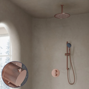 Saniclear Copper Curved inbouw regendouche rond met 30cm hoofddouche, plafondarm, 3 standen handdouche en glijstang geborsteld koper - Loodgieter in hengelo