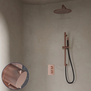 Saniclear Copper Curved Pro inbouw regendouche met 20cm hoofddouche, muurarm en glijstang geborsteld koper - Loodgieter in hengelo