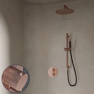 Saniclear Copper Curved Pro inbouw regendouche rond met 20cm hoofddouche, muurarm en glijstang geborsteld koper - Loodgieter in hengelo