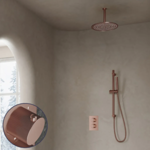 Saniclear Copper Stripes inbouw regendouche met 20cm hoofddouche, plafondarm en glijstang geborsteld koper - Loodgieter in hengelo