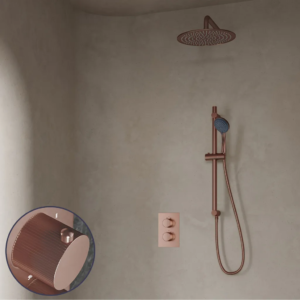 Saniclear Copper Stripes inbouw regendouche met 30cm hoofddouche, muurarm, 3 standen handdouche en glijstang geborsteld koper - Loodgieter in hengelo