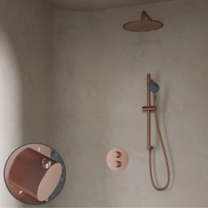 Saniclear Copper Stripes inbouw regendouche rond met 20cm hoofddouche, muurarm, 3 standen handdouche en glijstang geborsteld koper - Loodgieter in hengelo