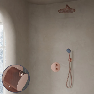 Saniclear Copper Stripes inbouw regendouche rond met 20cm hoofddouche, muurarm en 3 standen handdouche geborsteld koper - Loodgieter in hengelo