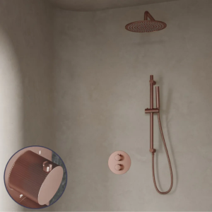 Saniclear Copper Stripes inbouw regendouche rond met 20cm hoofddouche, muurarm en glijstang geborsteld koper - Loodgieter in hengelo