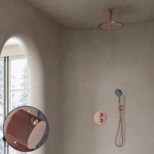 Saniclear Copper Stripes inbouw regendouche rond met 20cm hoofddouche, plafondarm en 3 standen handdouche geborsteld koper - Loodgieter in hengelo