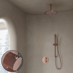 Saniclear Copper Stripes inbouw regendouche rond met 20cm hoofddouche, plafondarm en glijstang geborsteld koper - Loodgieter in hengelo