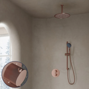 Saniclear Copper Stripes inbouw regendouche rond met 20cm hoofddouche, plafondarm, 3 standen handdouche en glijstang geborsteld koper - Loodgieter in hengelo