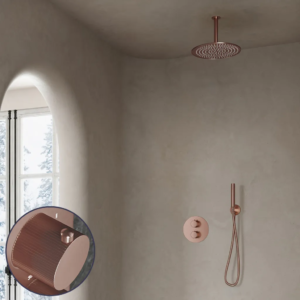 Saniclear Copper Stripes inbouw regendouche rond met 20cm hoofddouche en plafondarm geborsteld koper - Loodgieter in hengelo