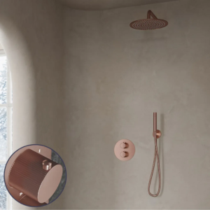 Saniclear Copper Stripes inbouw regendouche rond met 20cm hoofddouche en muurarm geborsteld koper - Loodgieter in hengelo
