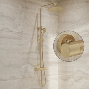Saniclear Evolution Curved opbouw regendouche geborsteld messing / mat goud met 20cm hoofddouche en 2 standen handdouche - Loodgieter in hengelo